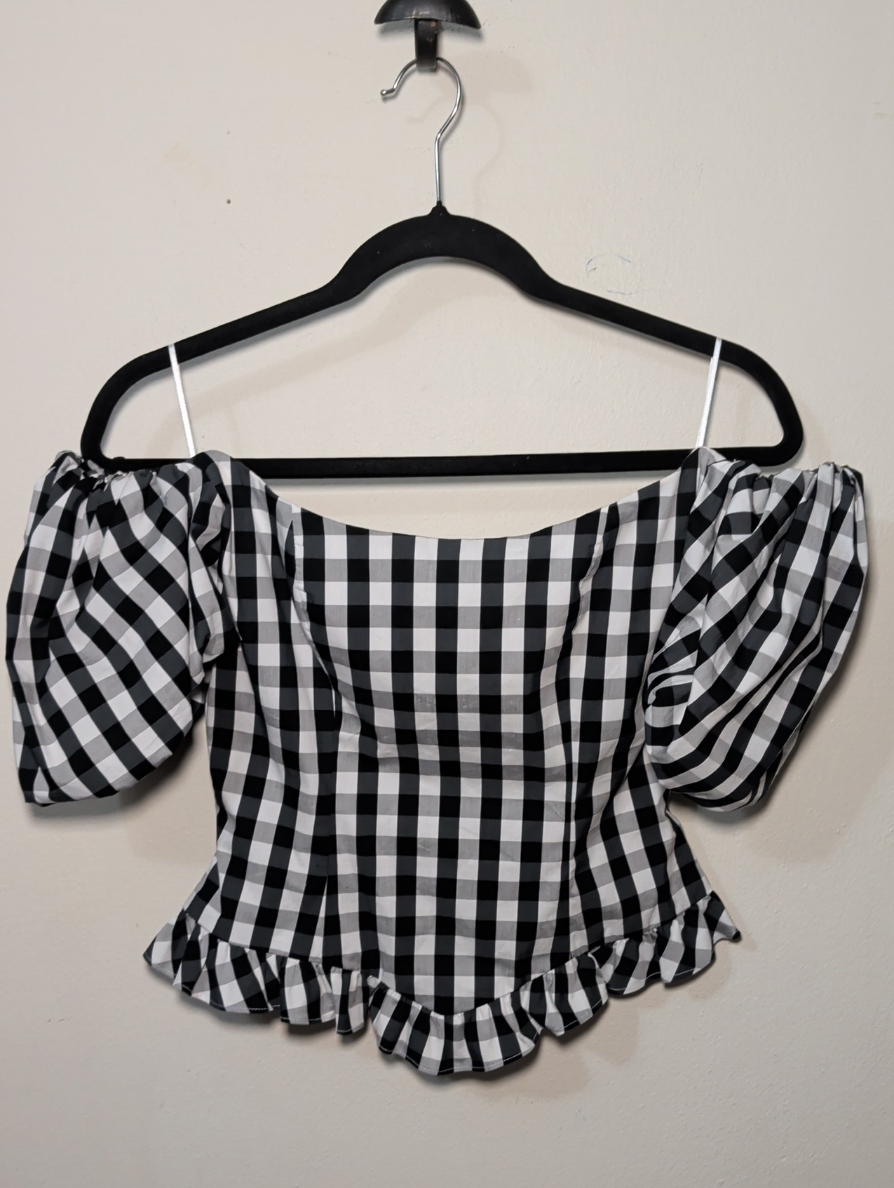 De La Vali Koko Corset Top Black + White Gingham Ruffle Hem Puff Sleeve Size 8